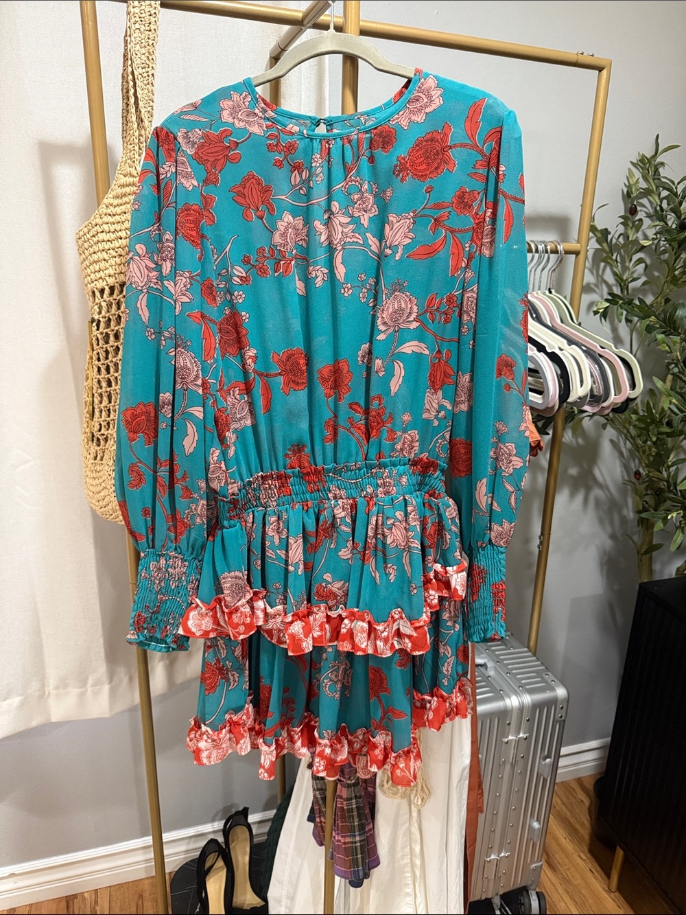 Misa Los Angeles Turquoise Floral Ruffle Mini Dress